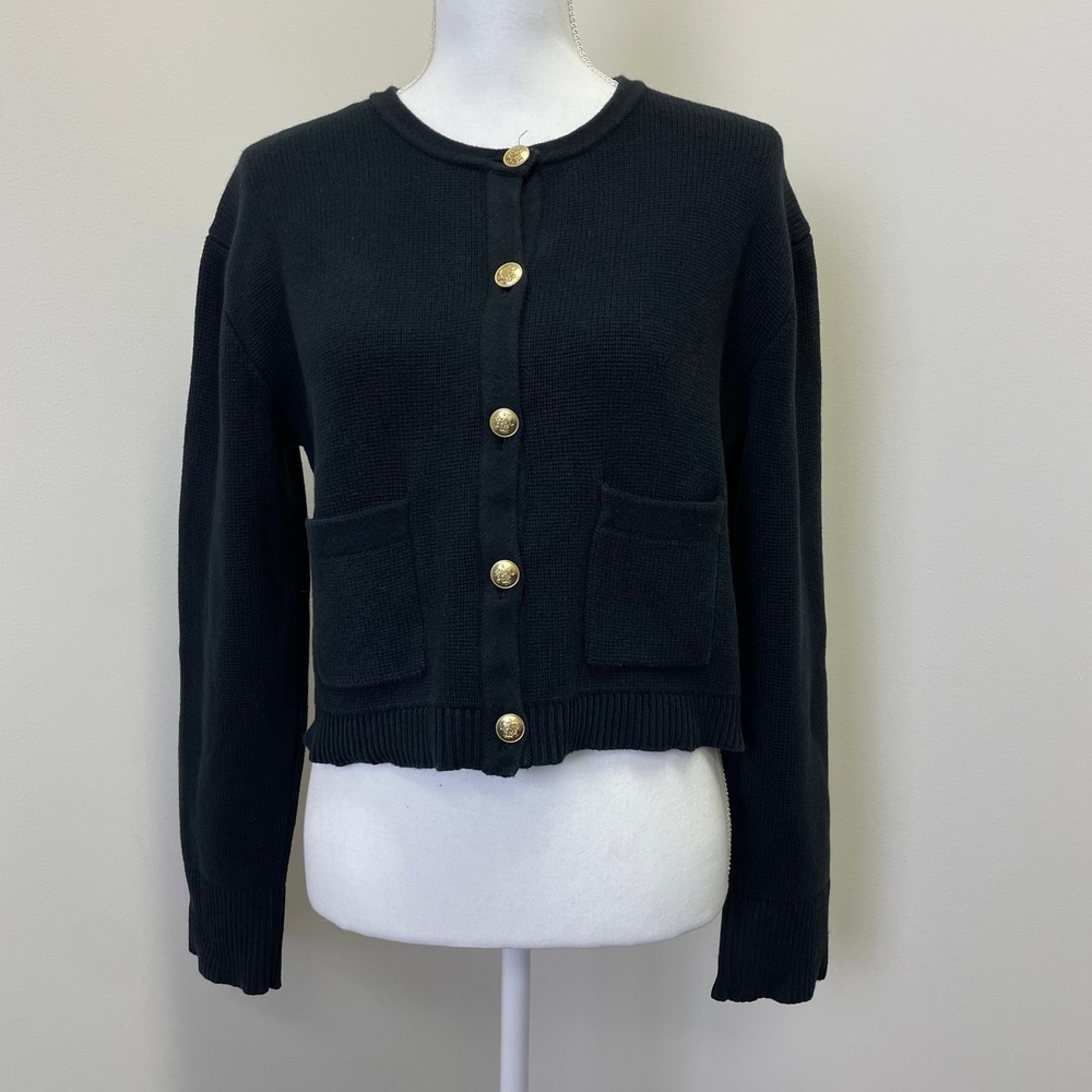 J.Crew Emilie Patch-Pocket Cardigan S Sweater Black Gold Crest Buttons Preppy